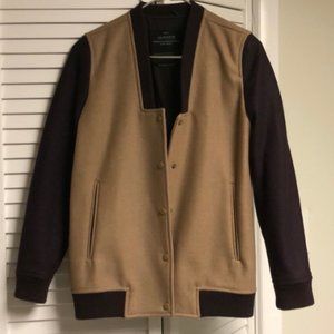 Allsaints Lucas Bomber Varsity wool jacket. Dark brown & camel US 4, XS or SMALL